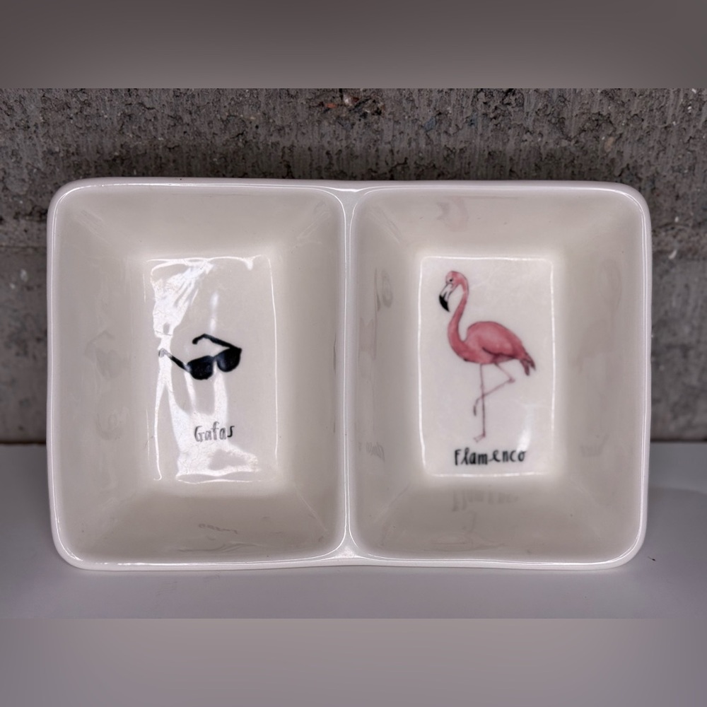 Rae Dunn by Magenta Divided Snack Dish “Gafas” & Flamingo “Flamenco” Tray